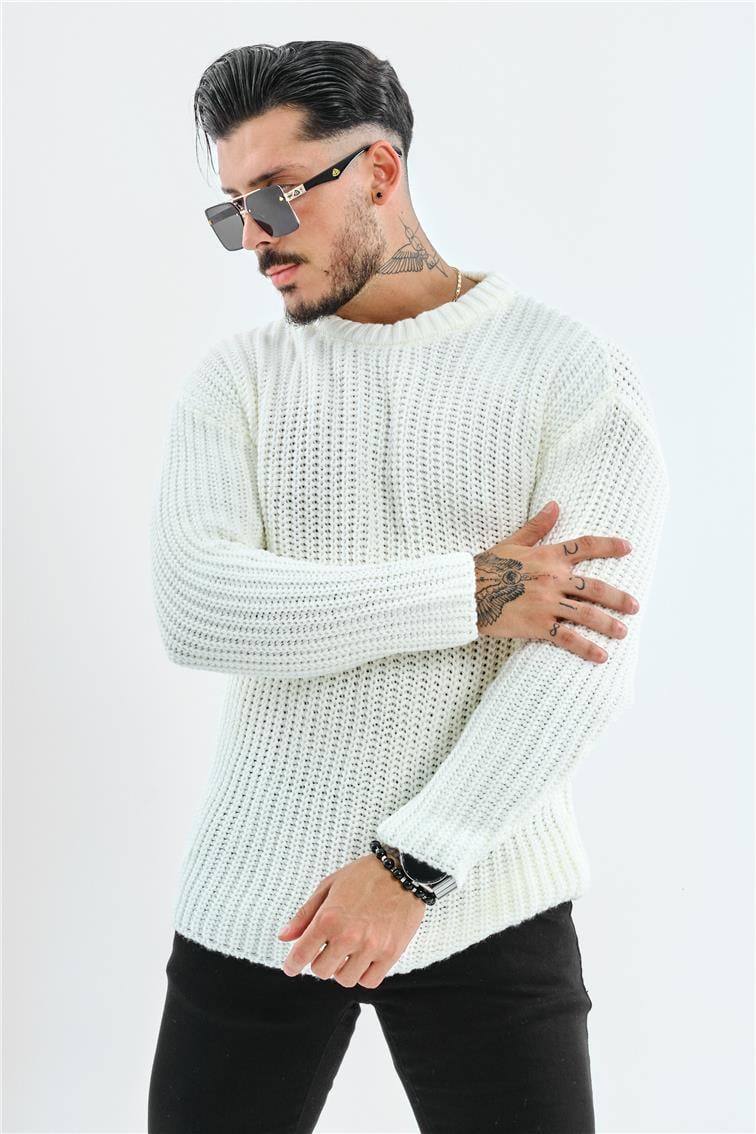 Geniş Örmeli Oversize Kazak Beyaz