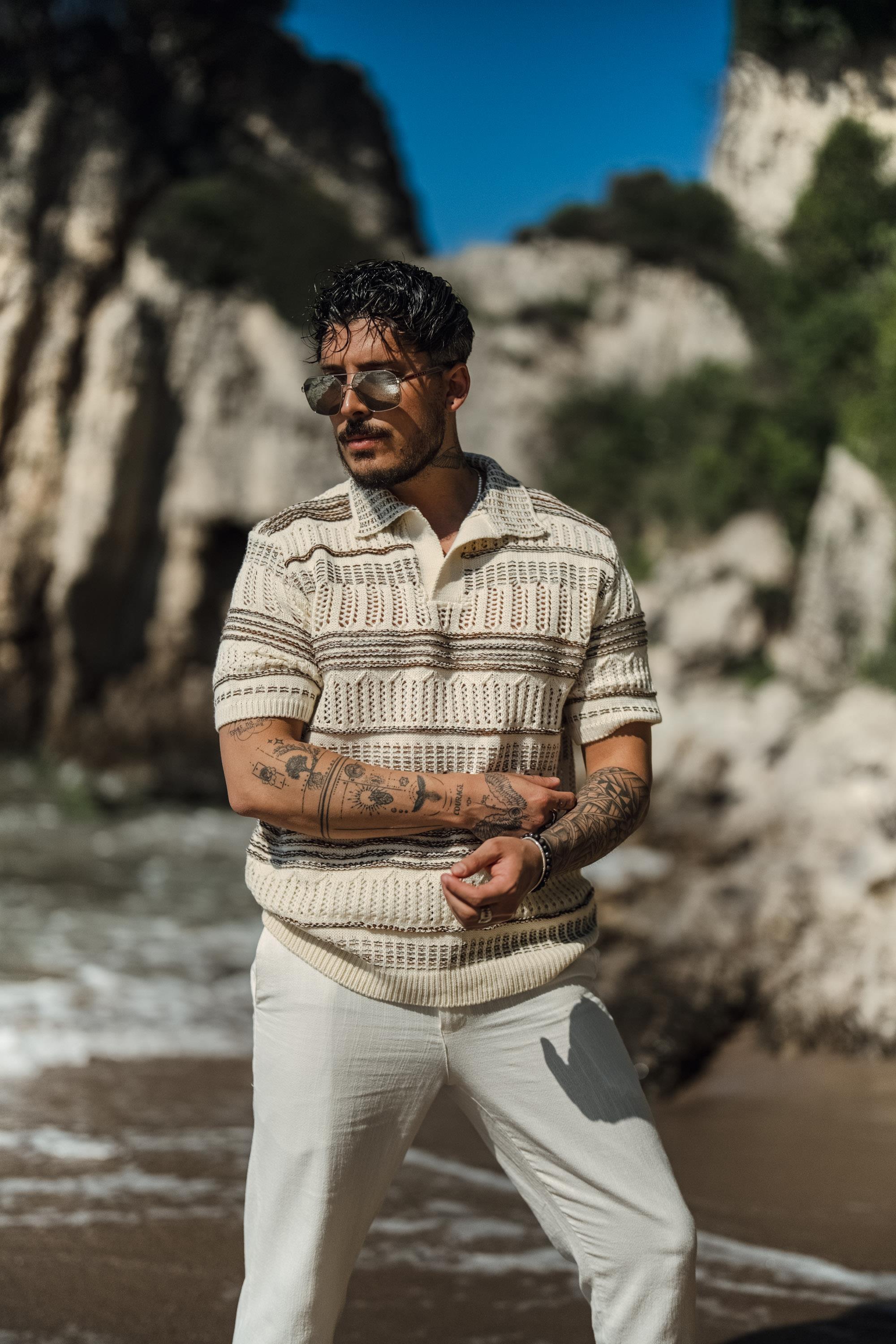 Geniş Örmeli Polo Yaka Oversize T-Shirt Açık Krem