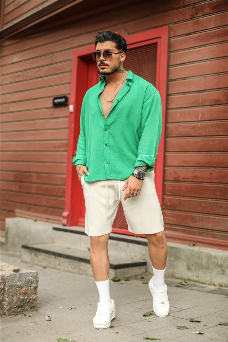 Geniş Şeritli Pamuklu Şort Krem