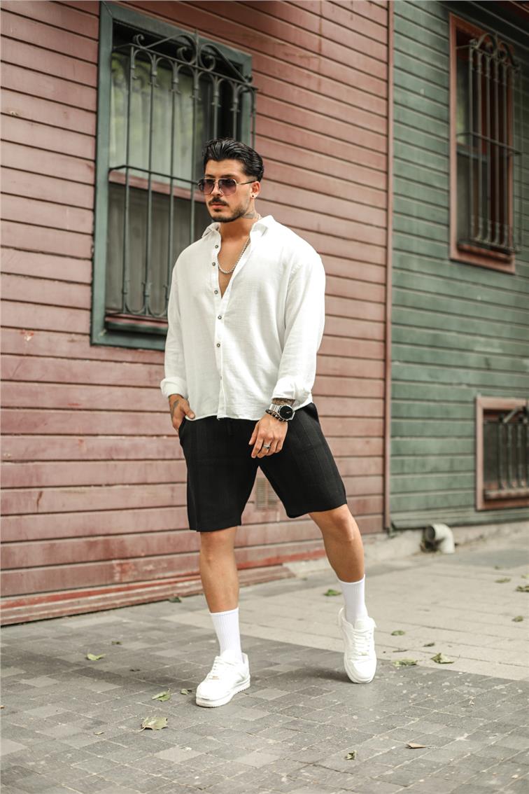 Geniş Şeritli Pamuklu Şort Siyah