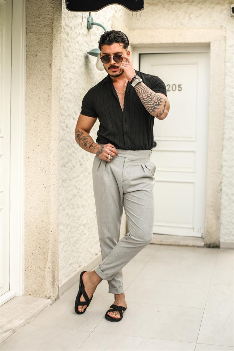 Geniş Şeritli Slim Fit Gömlek Siyah