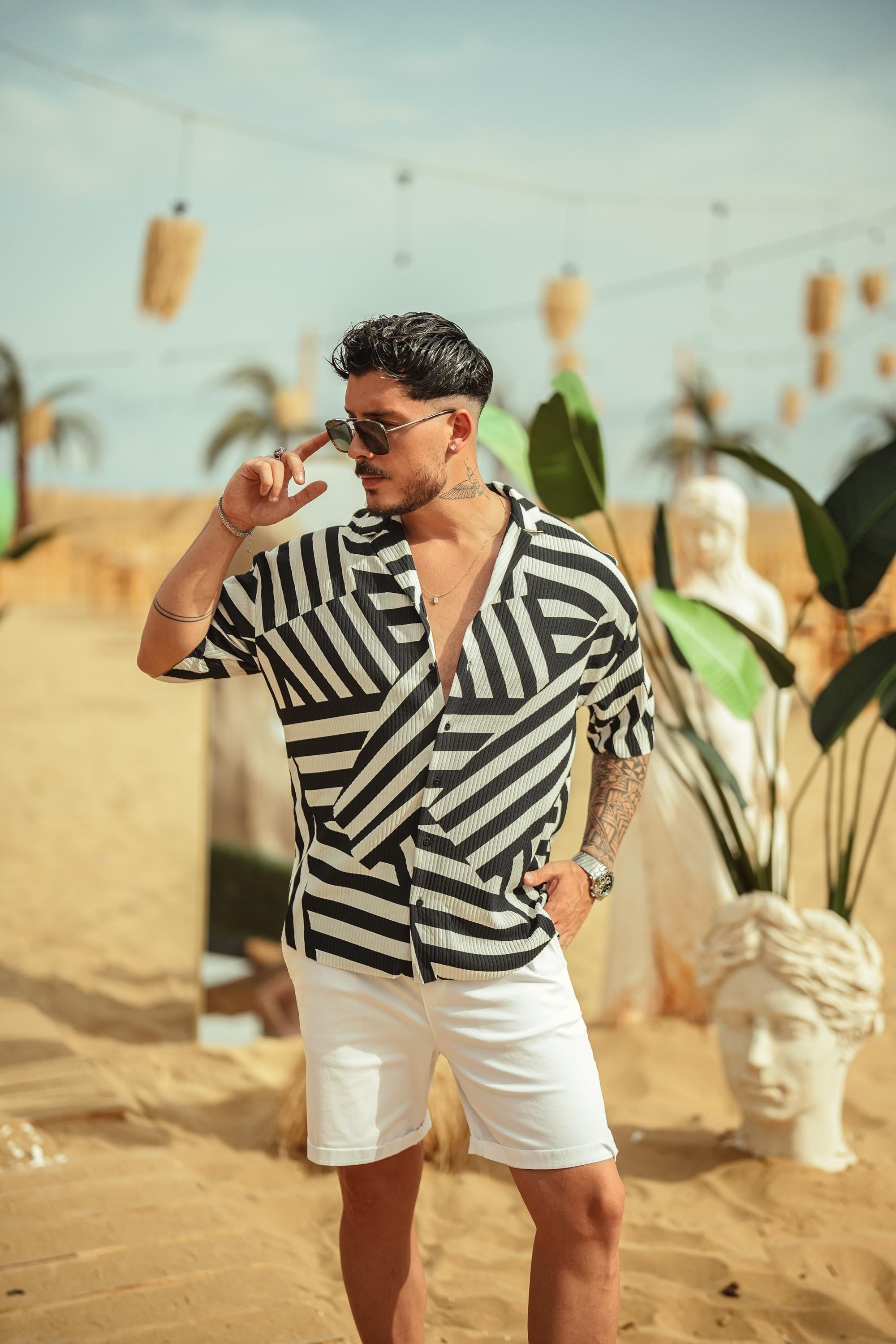 Geometrik Oversize Kısa Kol Gömlek Siyah