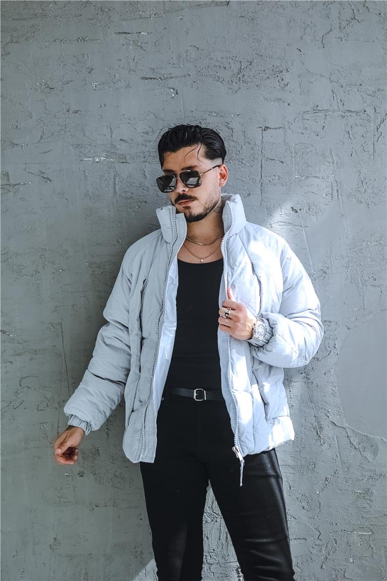 Gizli Cep Şişme Oversize Mont Gri