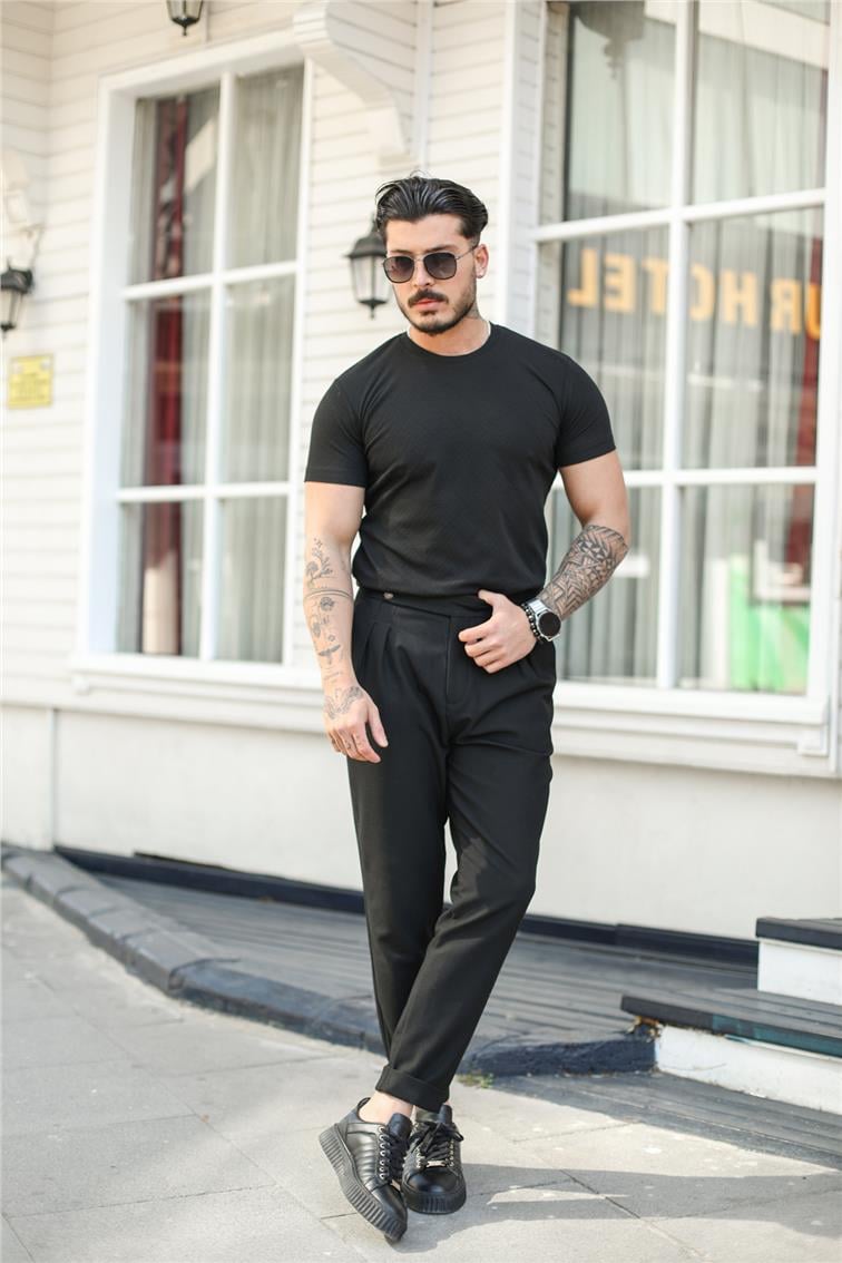 Gizli Desenli Slim Fit Tshirt Siyah