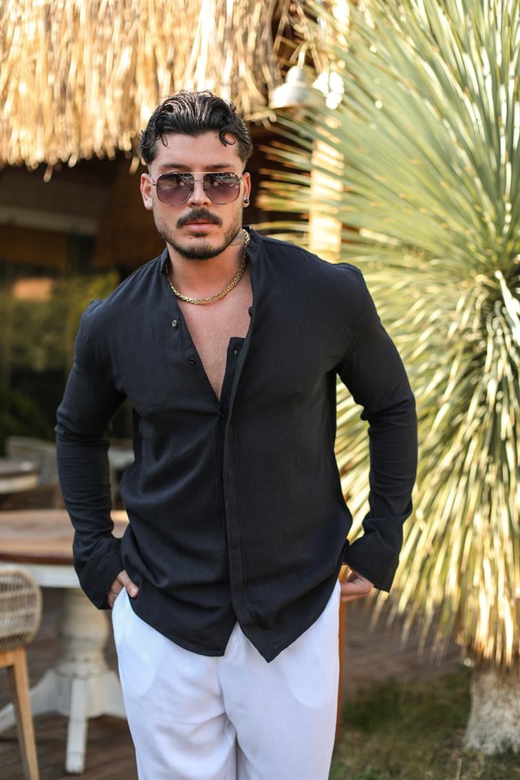 Gizli Düğme Şile Bezi V Yaka Oversize Gömlek Siyah