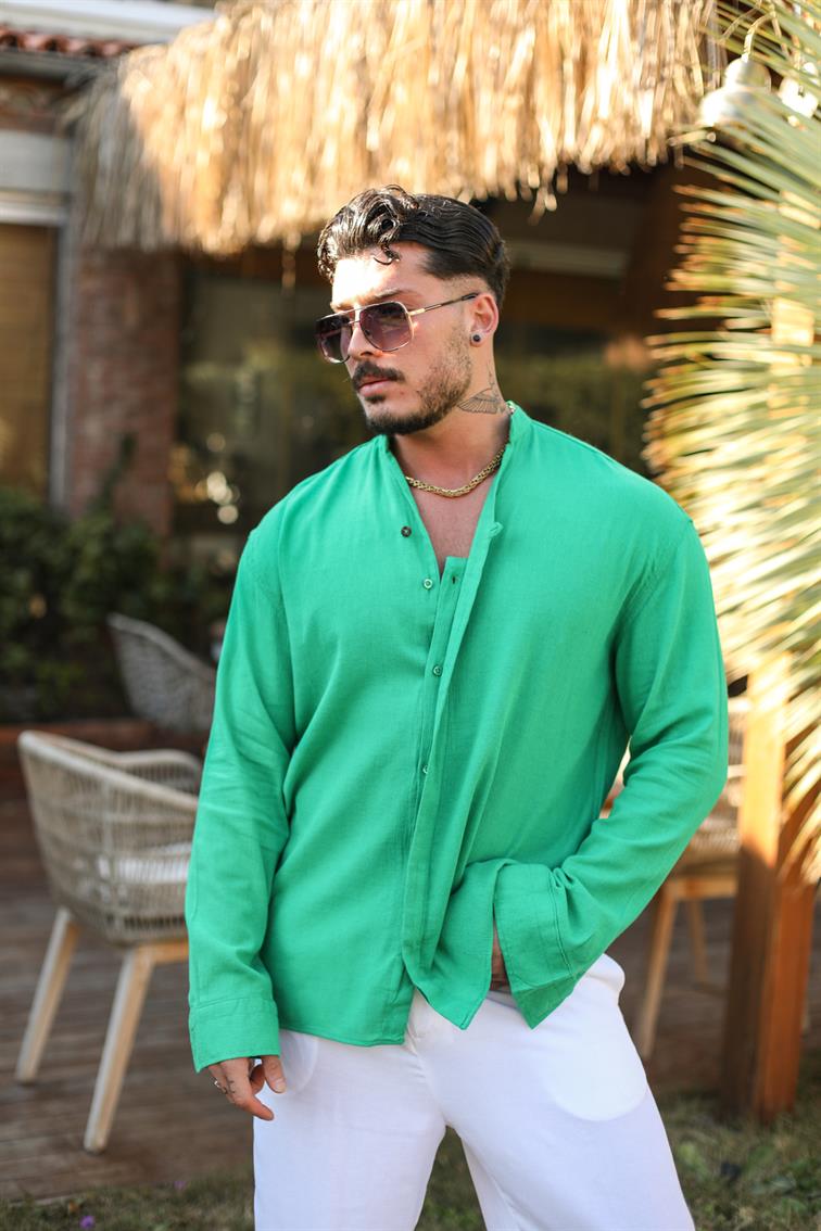 Gizli Düğme Şile Bezi V Yaka Oversize Gömlek Yeşil