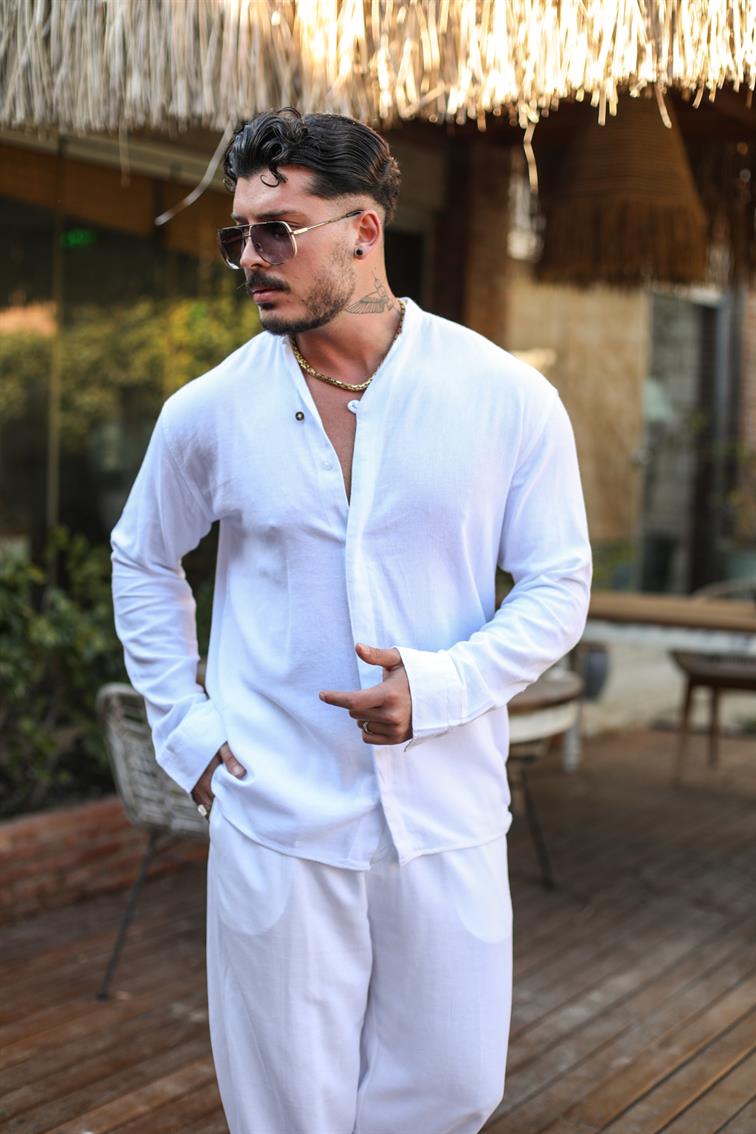 Gizli Düğme Şile Bezi V Yaka Oversize Gömlek Beyaz