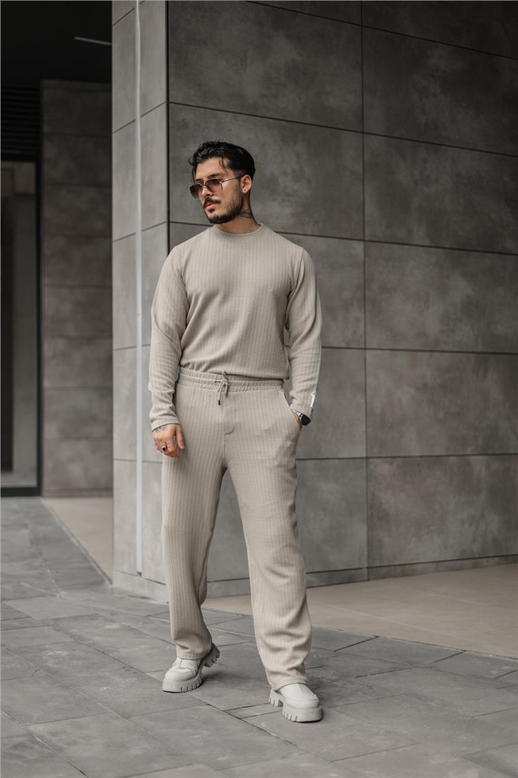 Gizli Kabartmalı Baggy Eşofman Bej