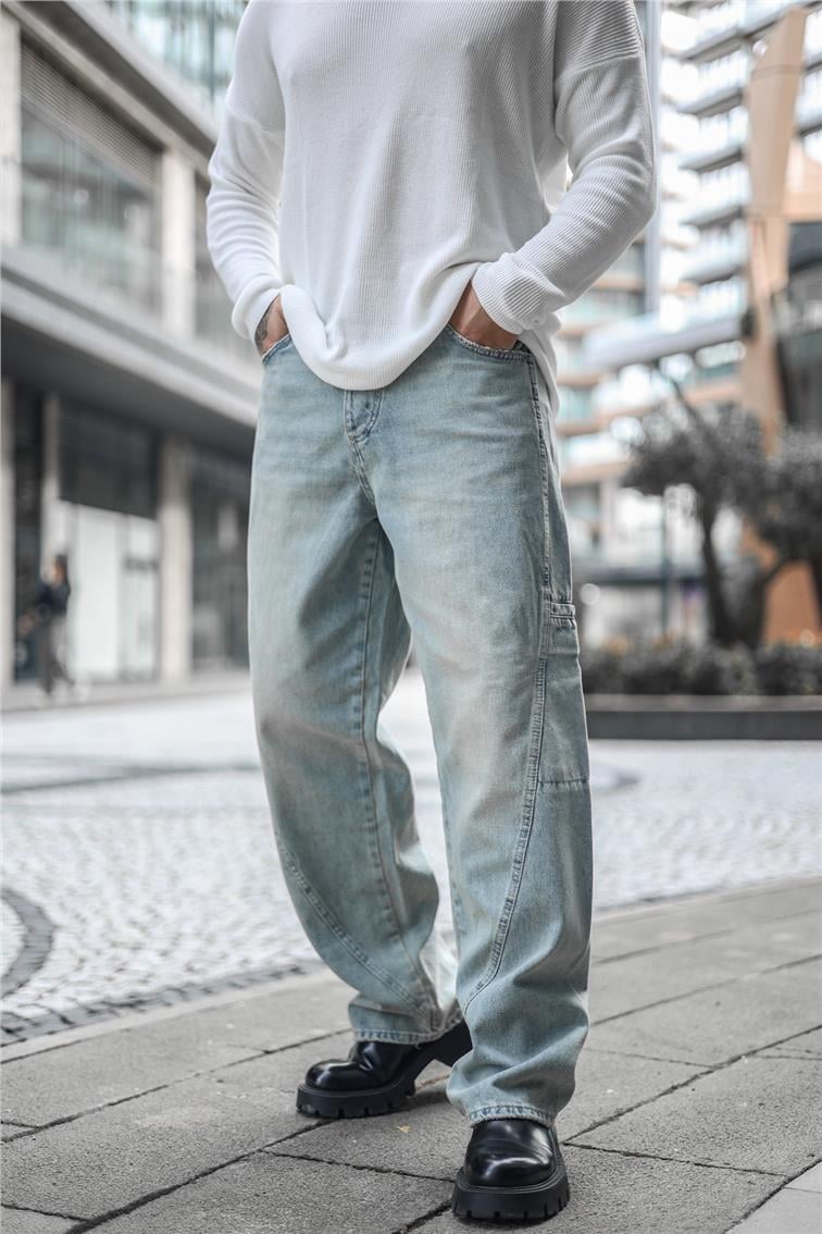 Gizli Kargo Cepli Baggy Jean Yıkamalı Mavi