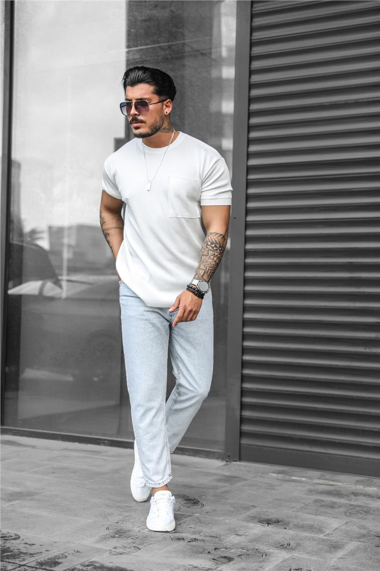 Gofreli Tek Cepli T-Shirt Beyaz
