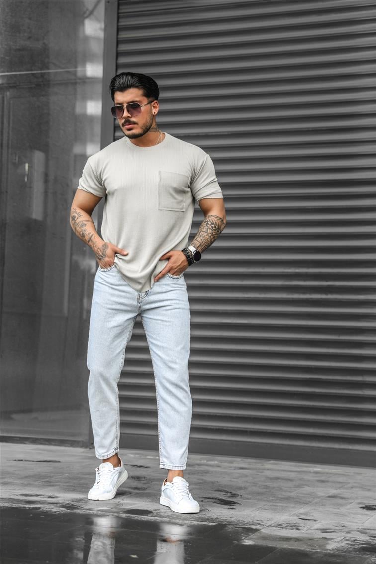 Gofreli Tek Cepli T-Shirt Gri