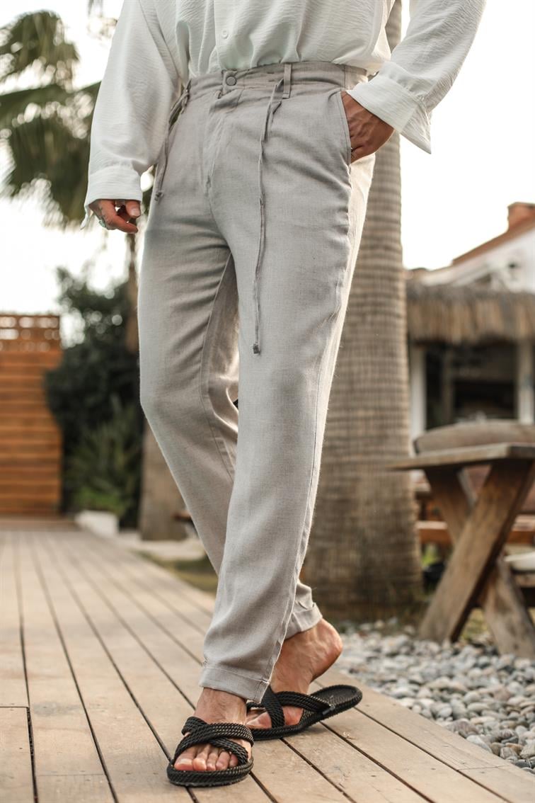 Gri Bel Bağlamalı Pantolon Gri