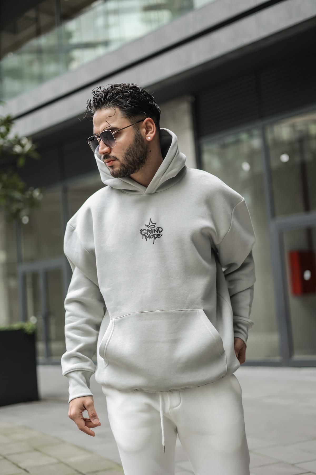 GRIND MODE Baskılı Dolgun Kumaş Oversize Sweatshirt Gri