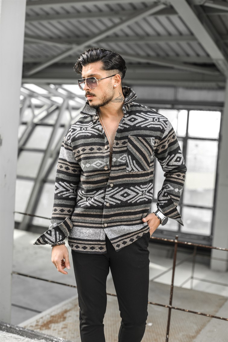 Haki-Gri Desenli Oduncu Oversize Gömlek