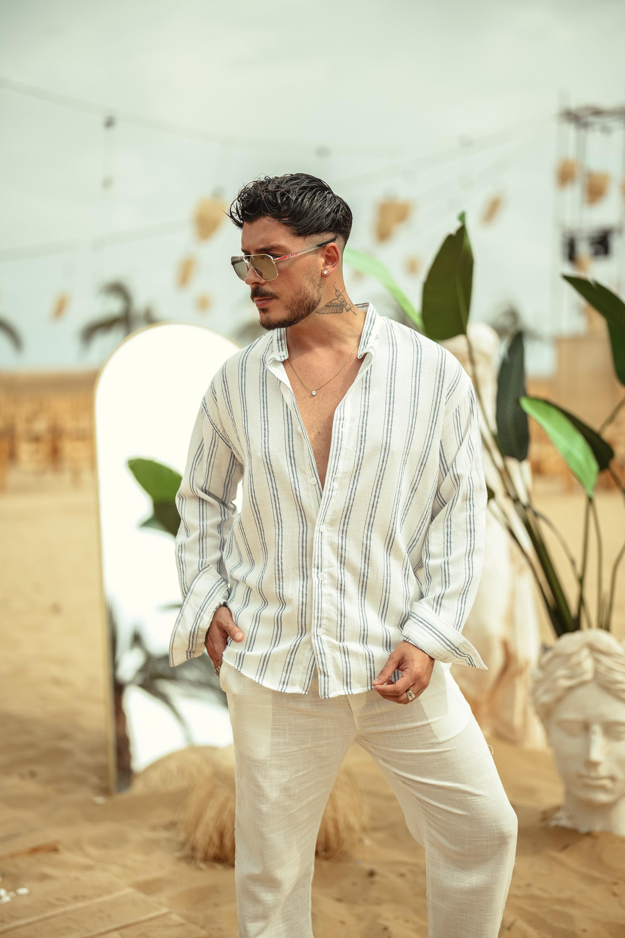 Hakim Yaka Çizgili Oversize Gömlek Mavi