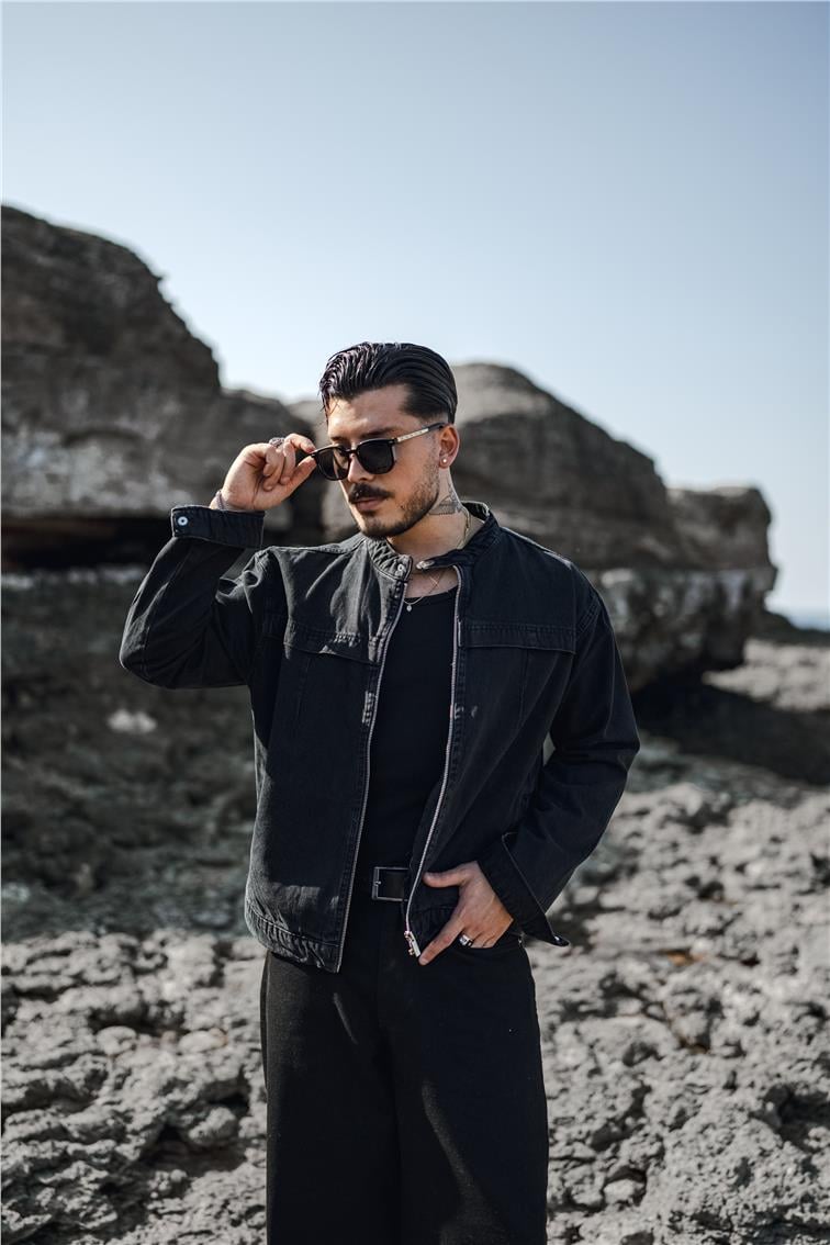 Hakim Yaka Denim Ceket Yıkamalı Siyah