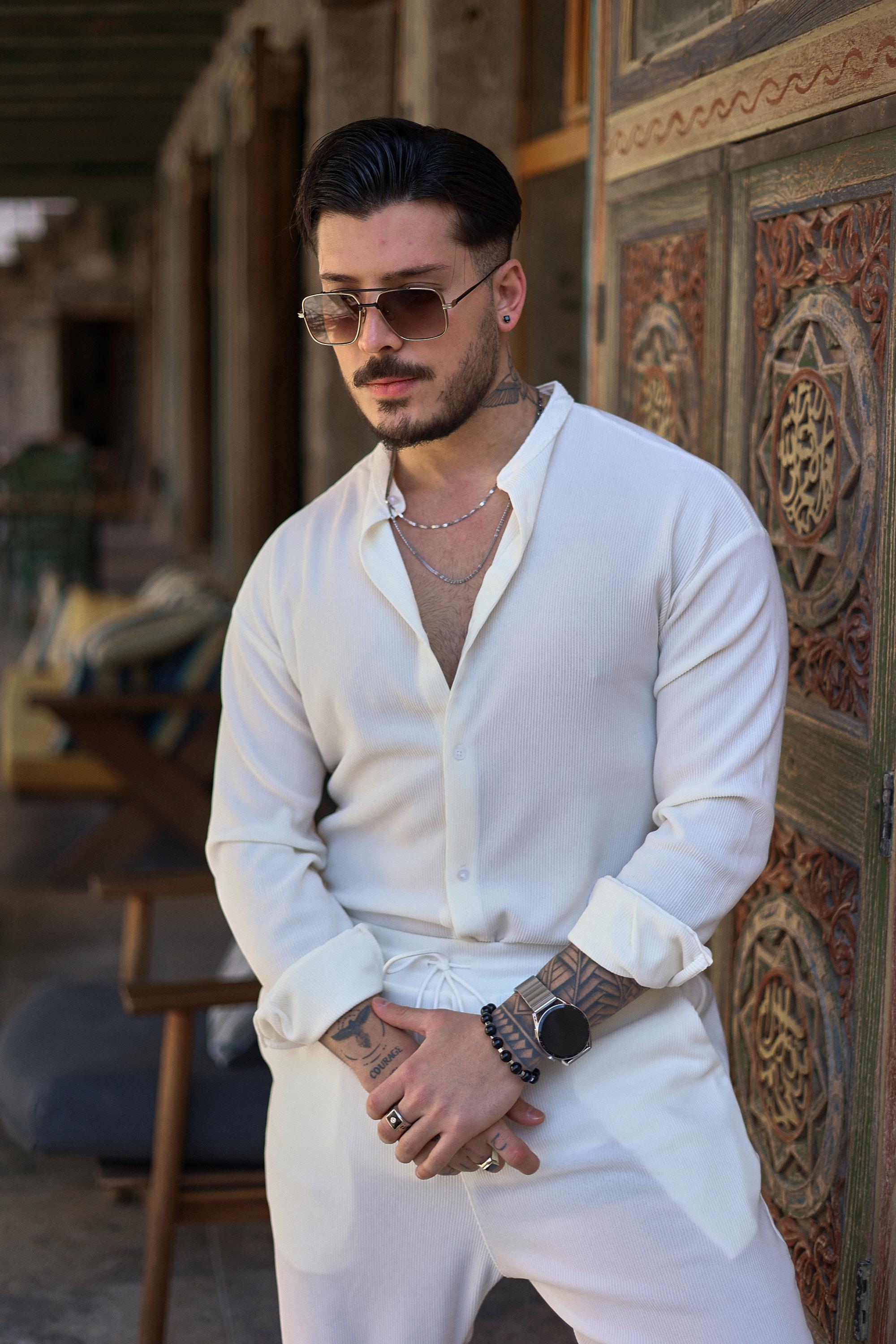 Hakim Yaka Fitilli Oversize Gömlek Beyaz