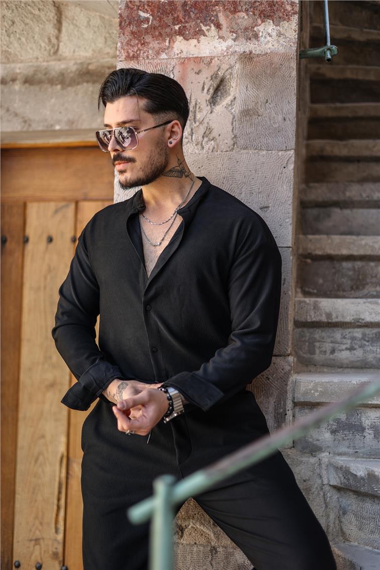 Hakim Yaka Fitilli Oversize Gömlek Siyah