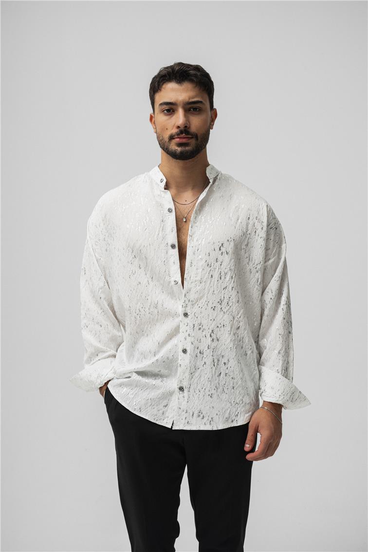 Hakim Yaka Gümüş Oversize Gömlek Beyaz