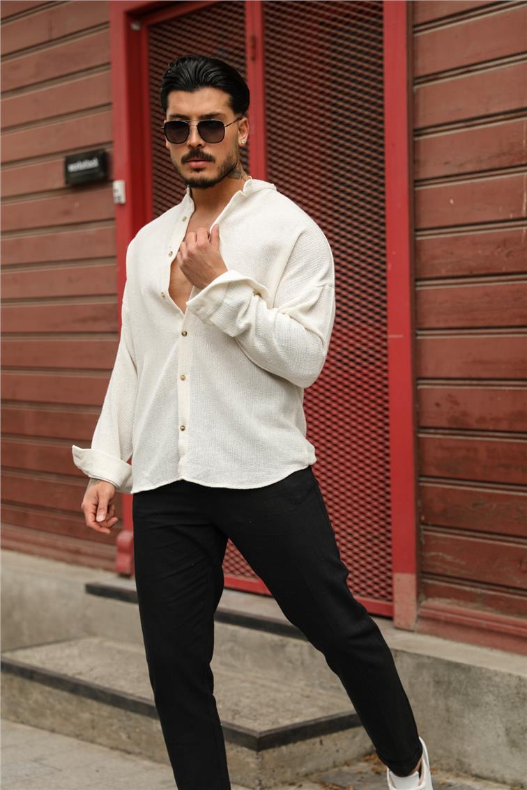 Hakim Yaka Örgülü Oversize Gömlek Beyaz