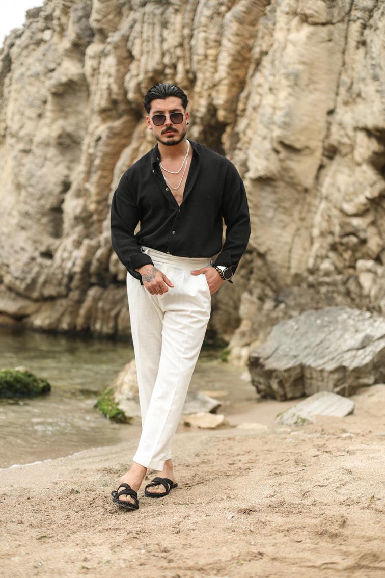 Hakim Yaka Örgülü Oversize Gömlek Siyah
