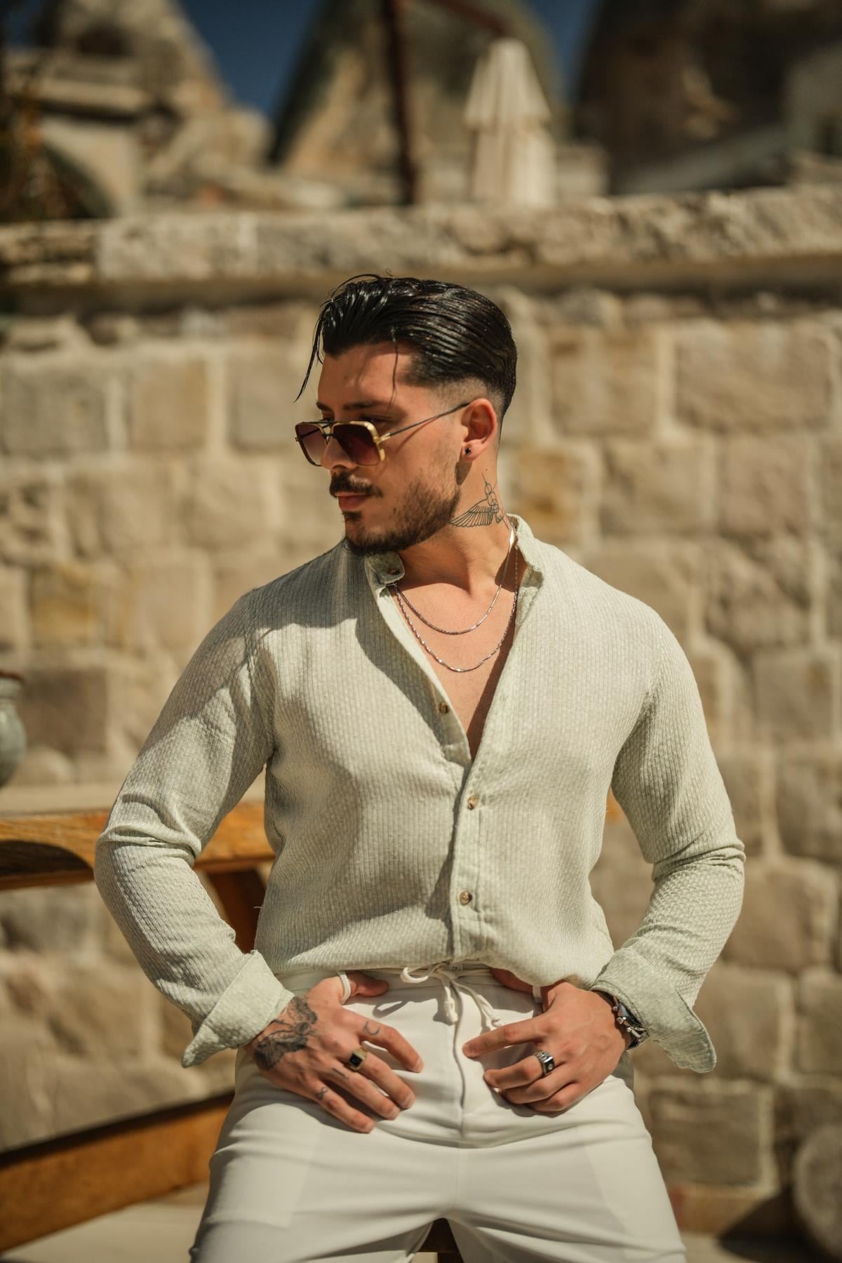 Hakim Yaka Pamuklu Örgülü Oversize Gömlek Mint