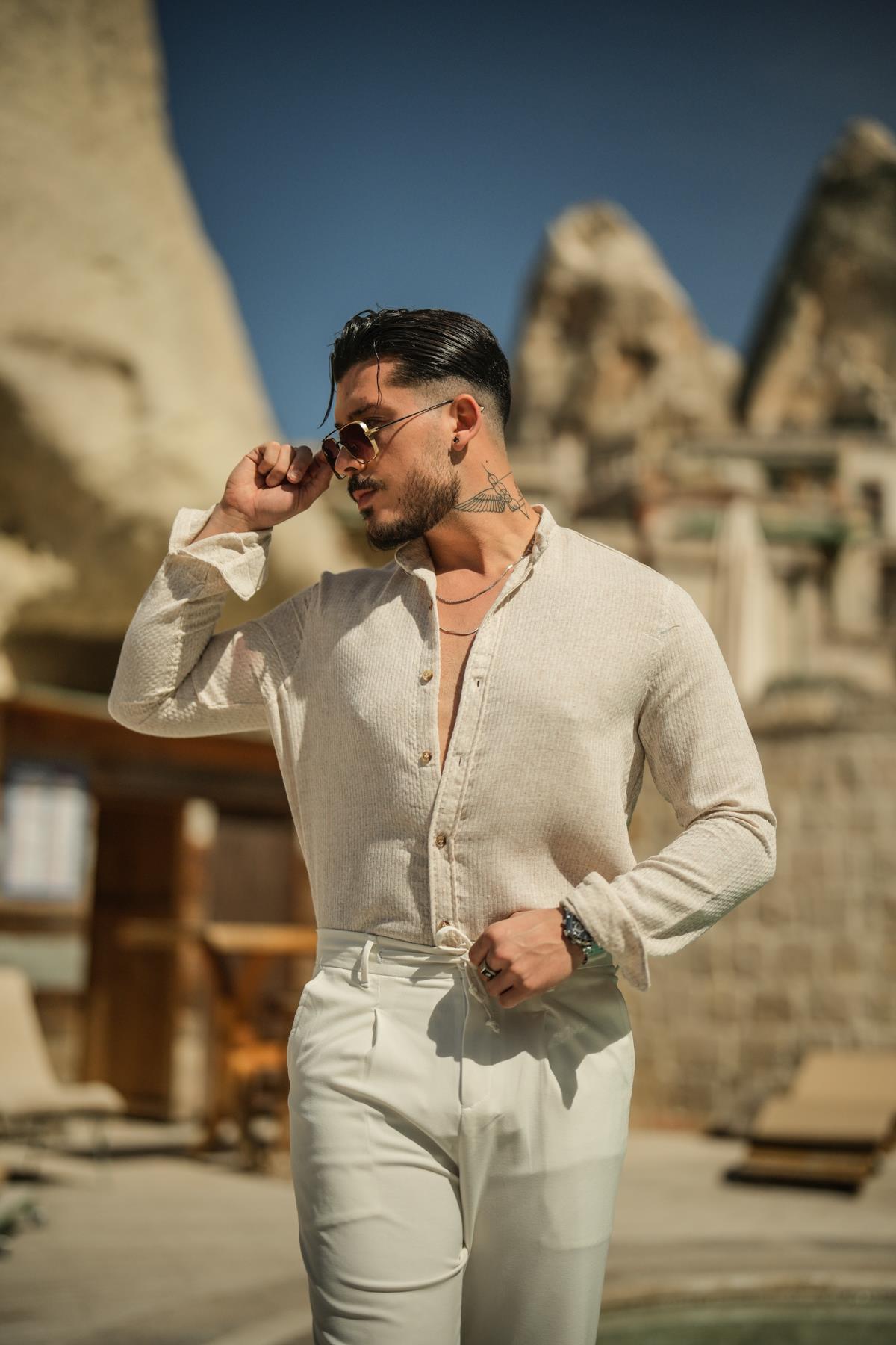 Hakim Yaka Pamuklu Örgülü Oversize Gömlek Krem