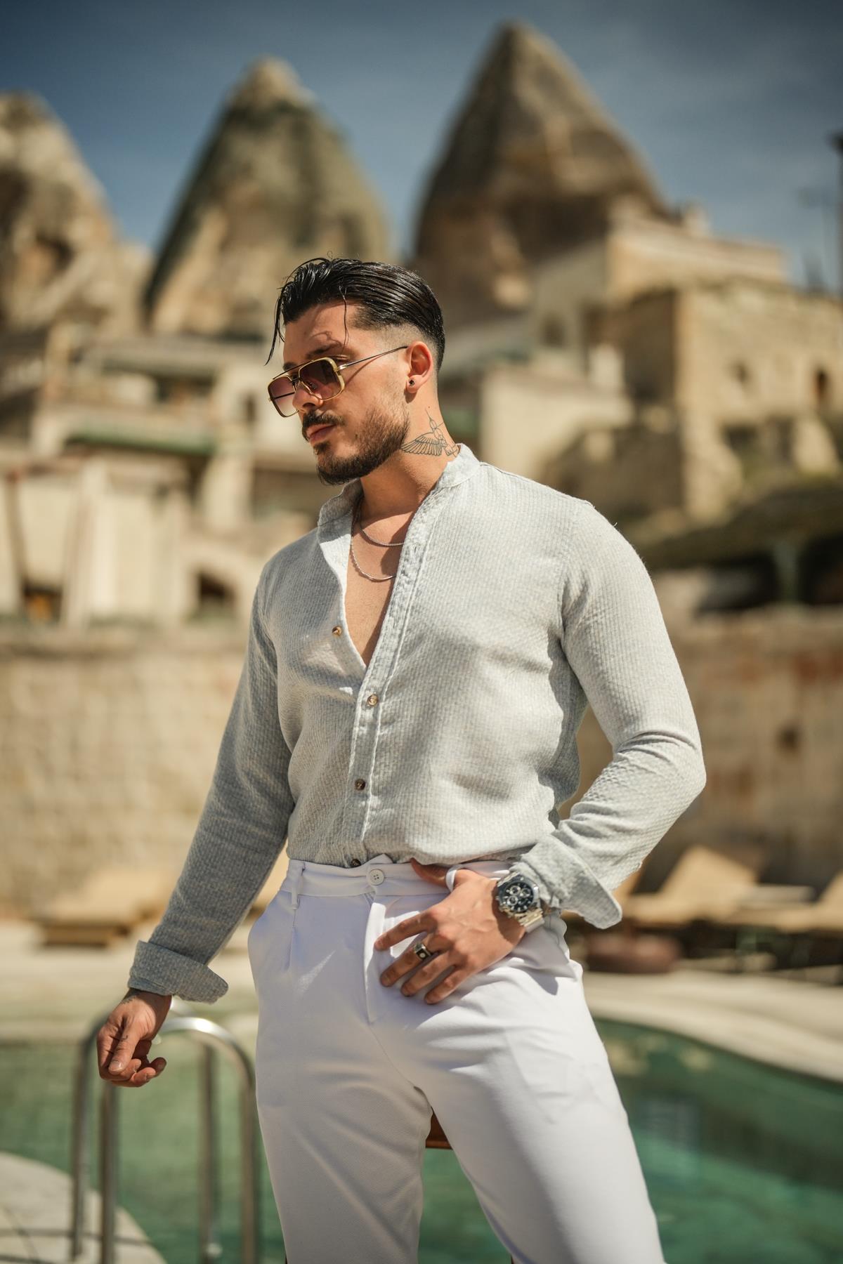 Hakim Yaka Pamuklu Örgülü Oversize Gömlek Açık Mavi