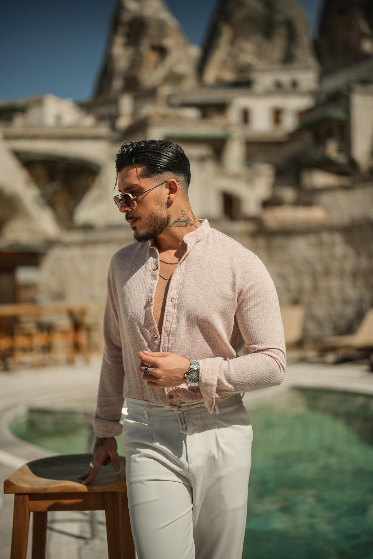 Hakim Yaka Pamuklu Örgülü Oversize Gömlek Pudra