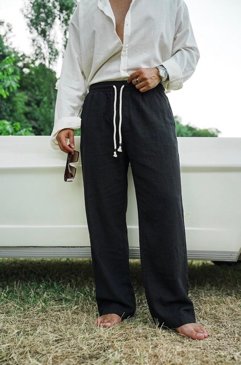 Halat Bağlamalı Keten Baggy Pantolon Siyah