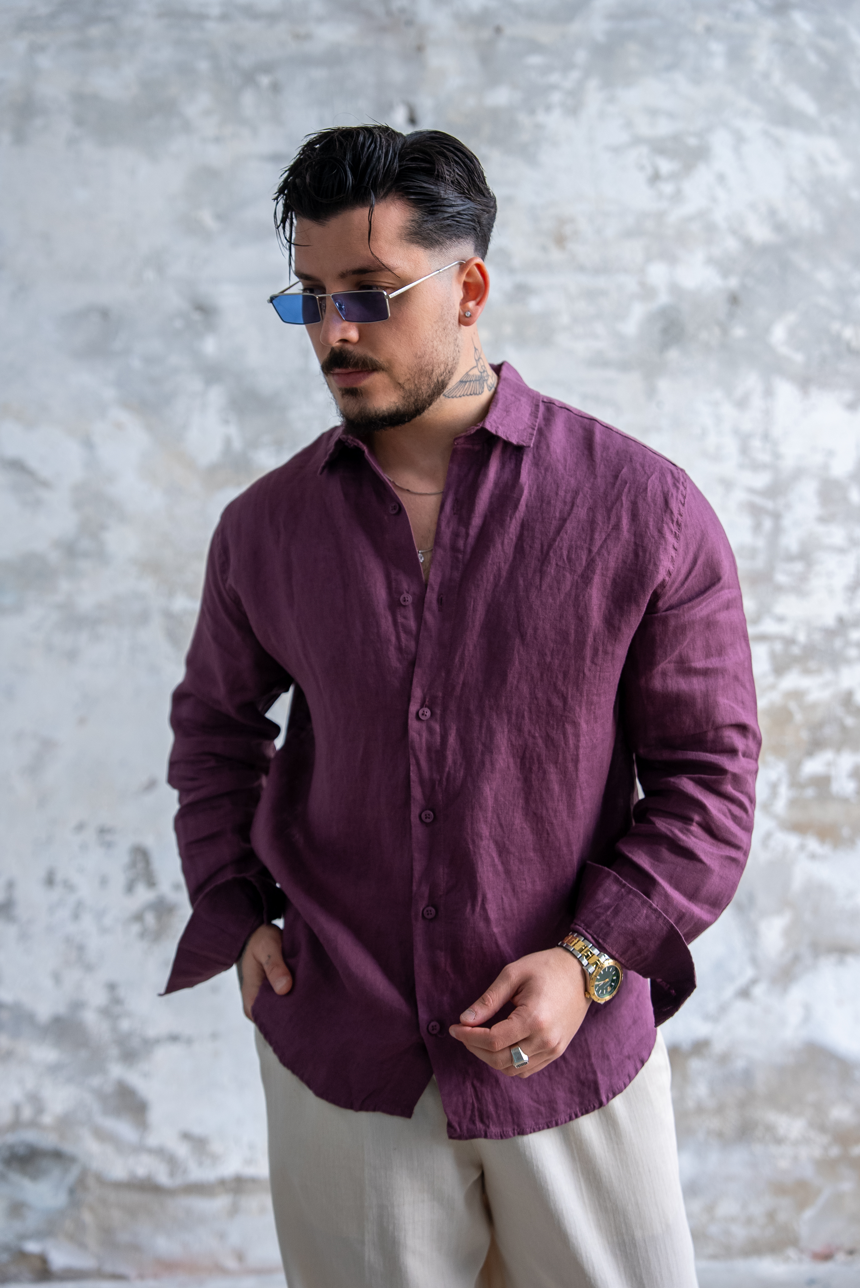 Ham Keten Oversize Gömlek Bordo