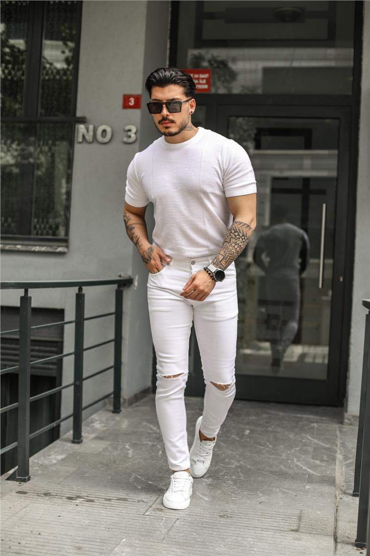 İki Çizgi Detay T-Shirt Beyaz