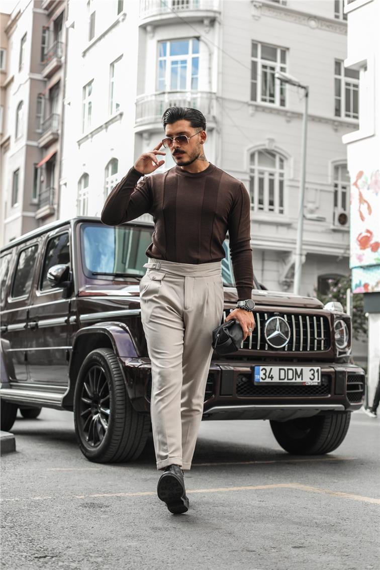 İki Çizgili Triko Slim Fit Kazak Acı Kahve