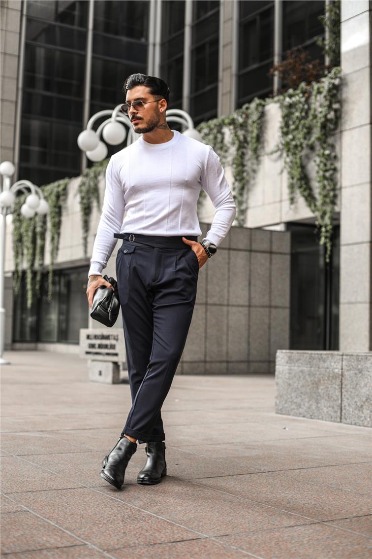 İki Çizgili Triko Slim Fit Kazak Beyaz