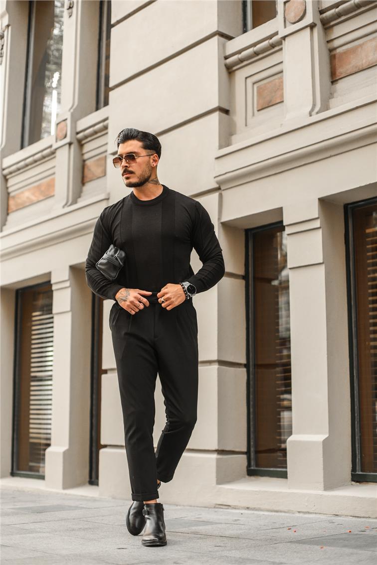 İki Çizgili Triko Slim Fit Kazak Siyah