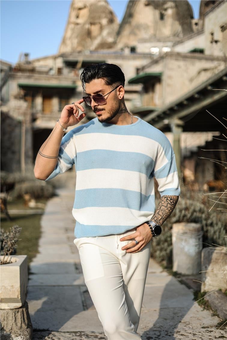 İki Renkli Örme Oversize T-Shirt Açık Mavi