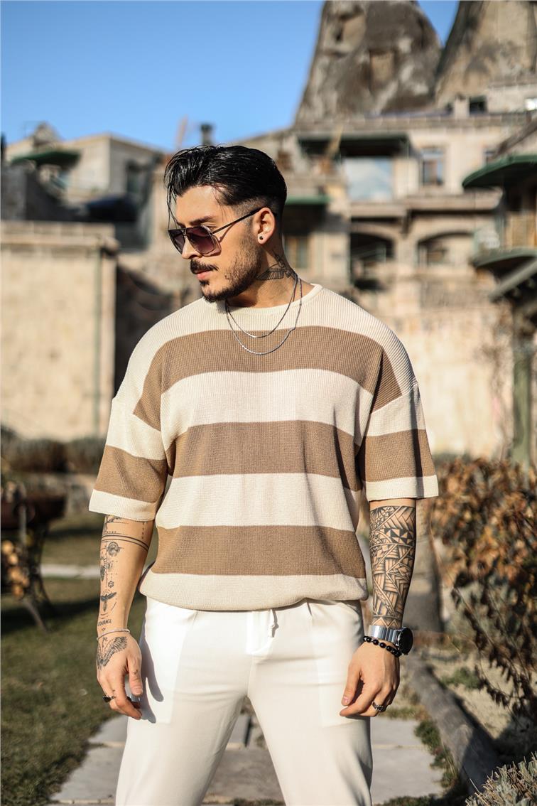 İki Renkli Örme Oversize T-Shirt Kahve