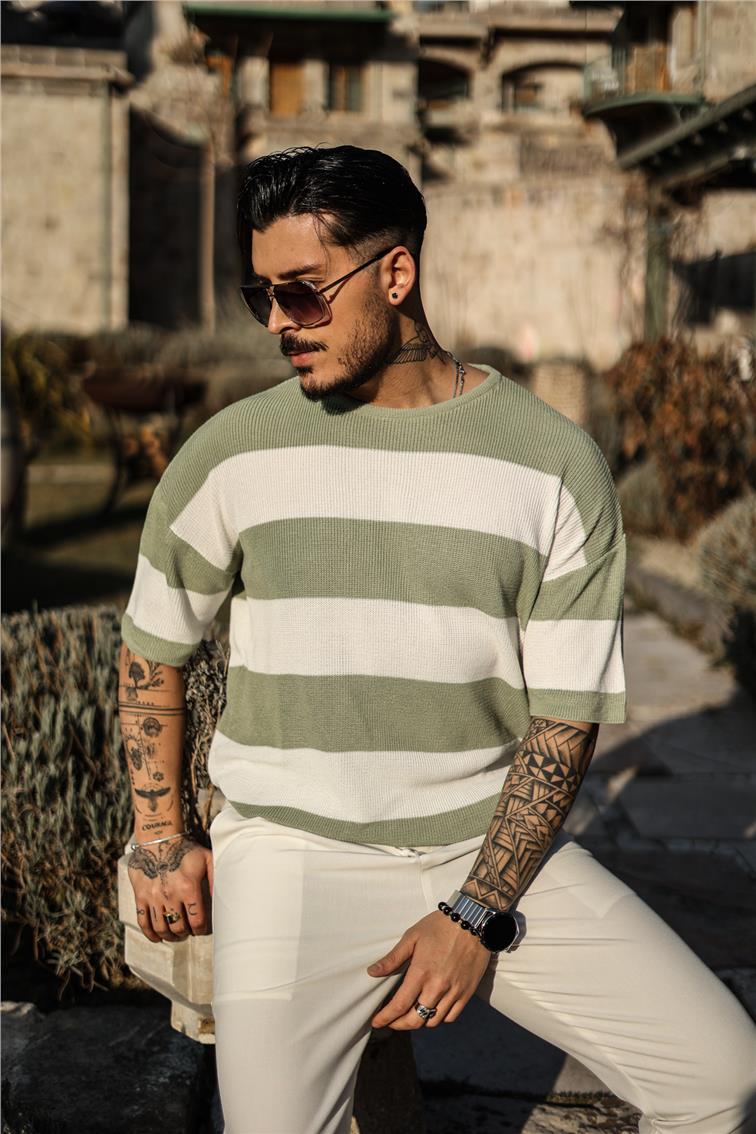 İki Renkli Örme Oversize T-Shirt Mint