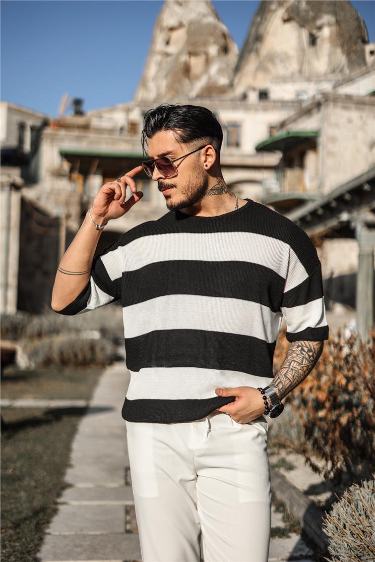 İki Renkli Örme Oversize T-Shirt Siyah