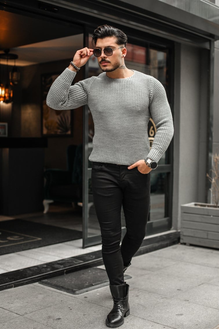İlmek Örgülü Slim Fit Kazak