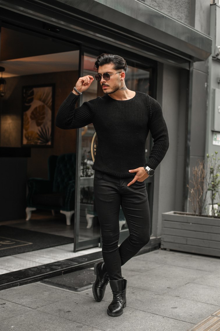 İlmek Örgülü Slim Fit Kazak