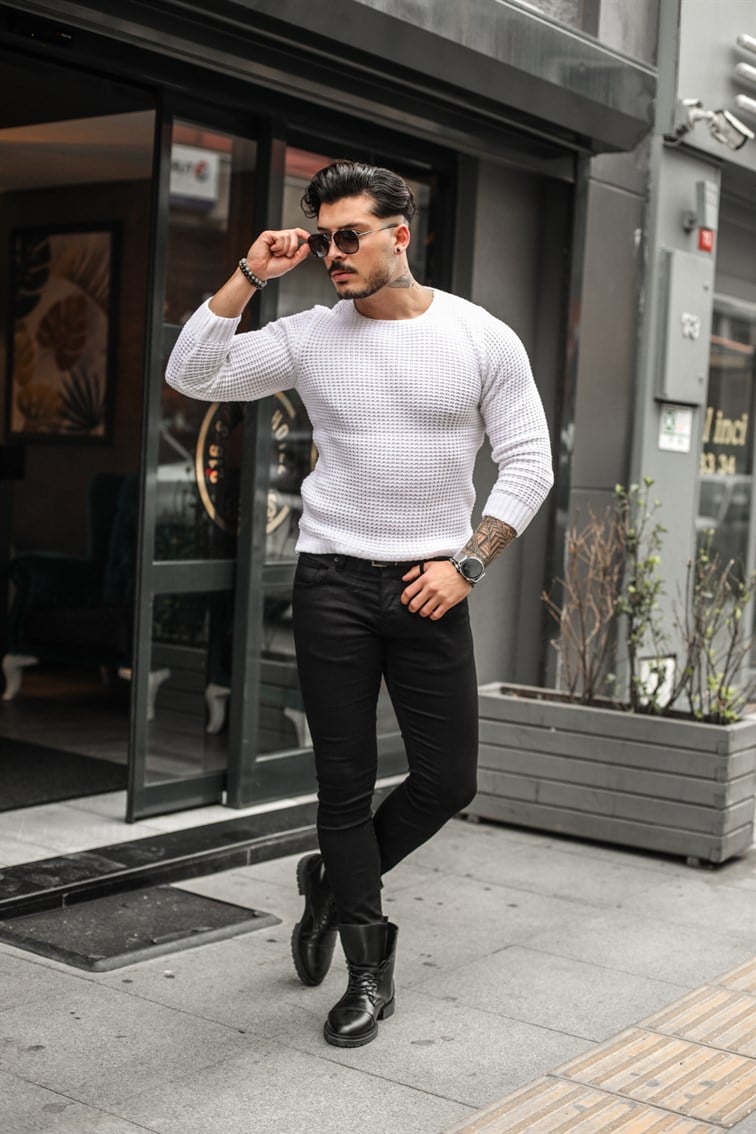 İlmek Örgülü Slim Fit Kazak