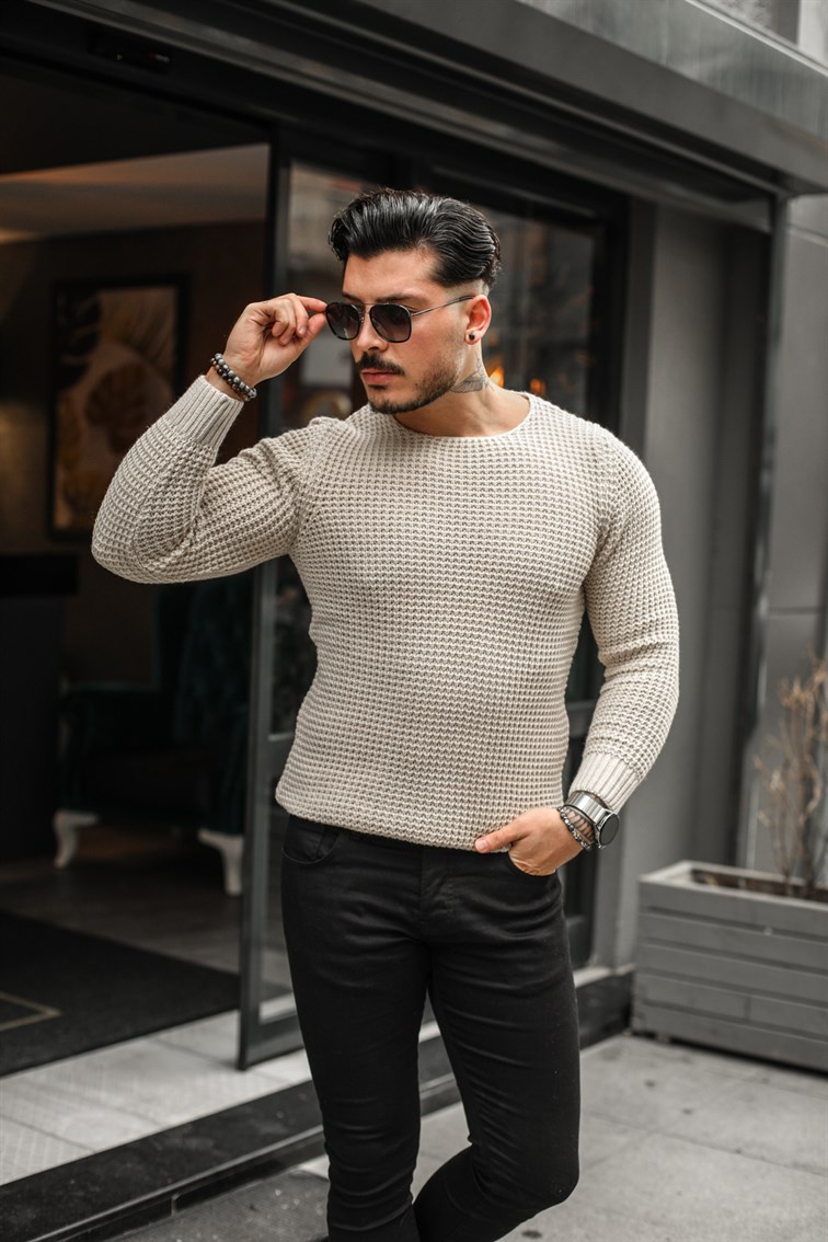 İlmek Örgülü Slim Fit Kazak