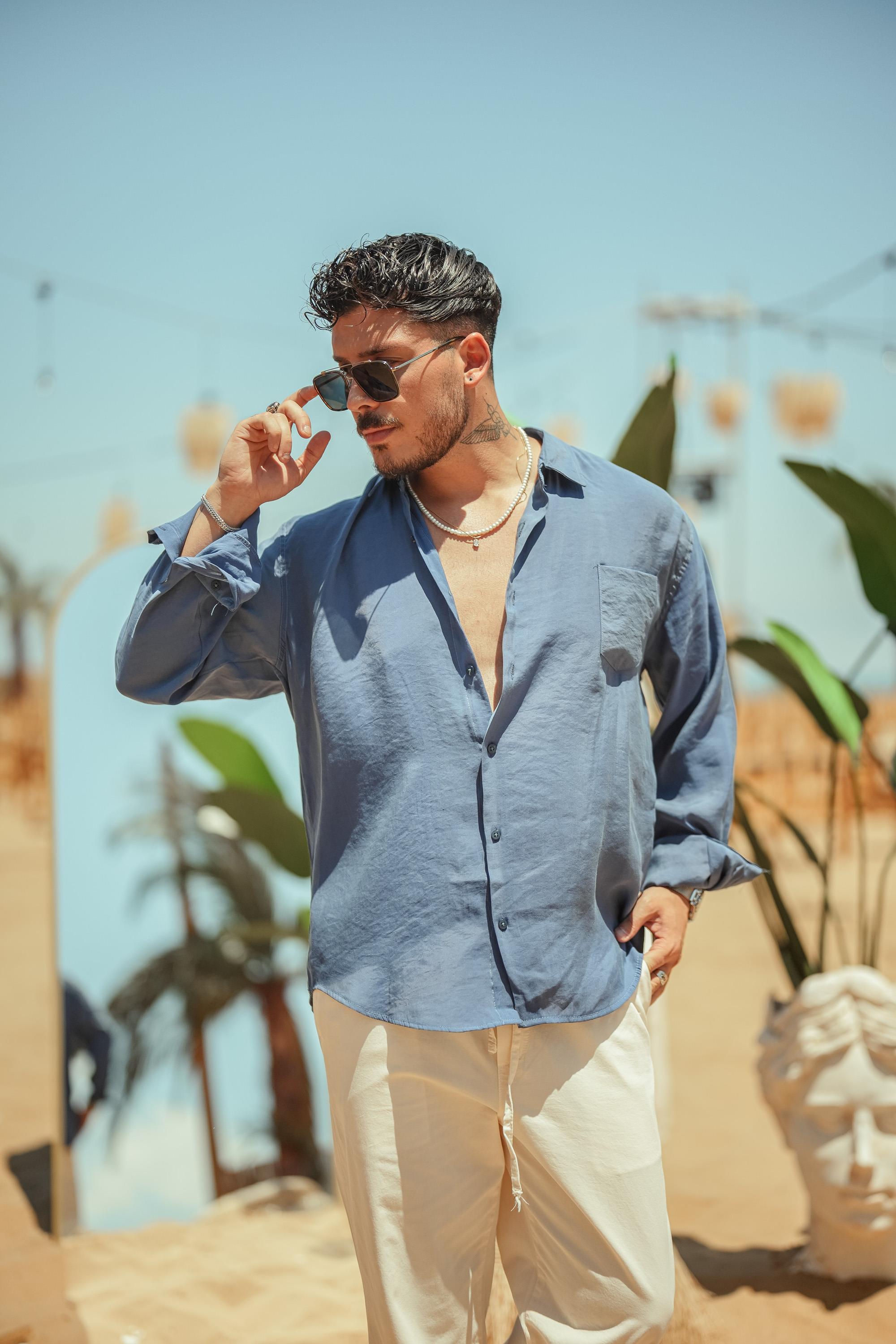 İnce Cep Detaylı Oversize Gömlek İndigo