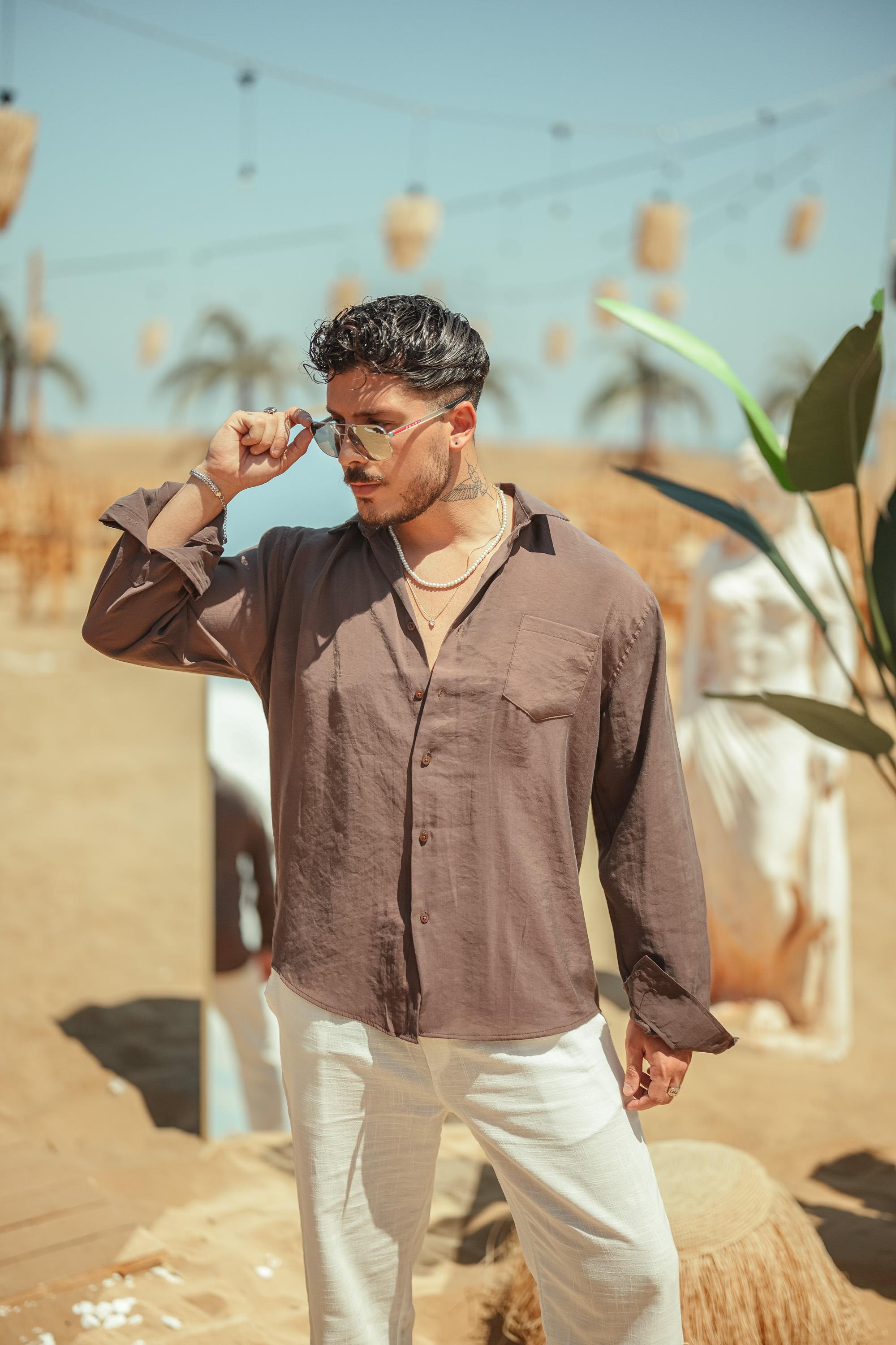 İnce Cep Detaylı Oversize Gömlek Kahve