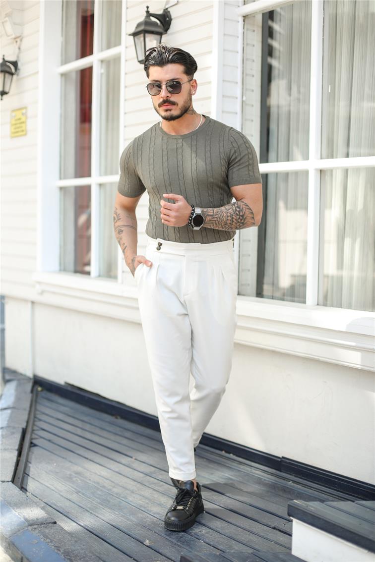 İnce Çizgili Örme Desenli Haki