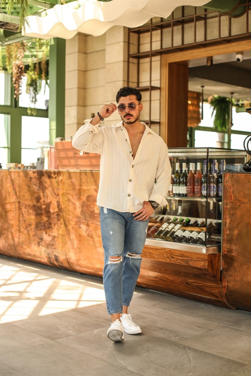 İnce Kendinden Dik Çizgili Dokulu Pamuk Oversize Gömlek