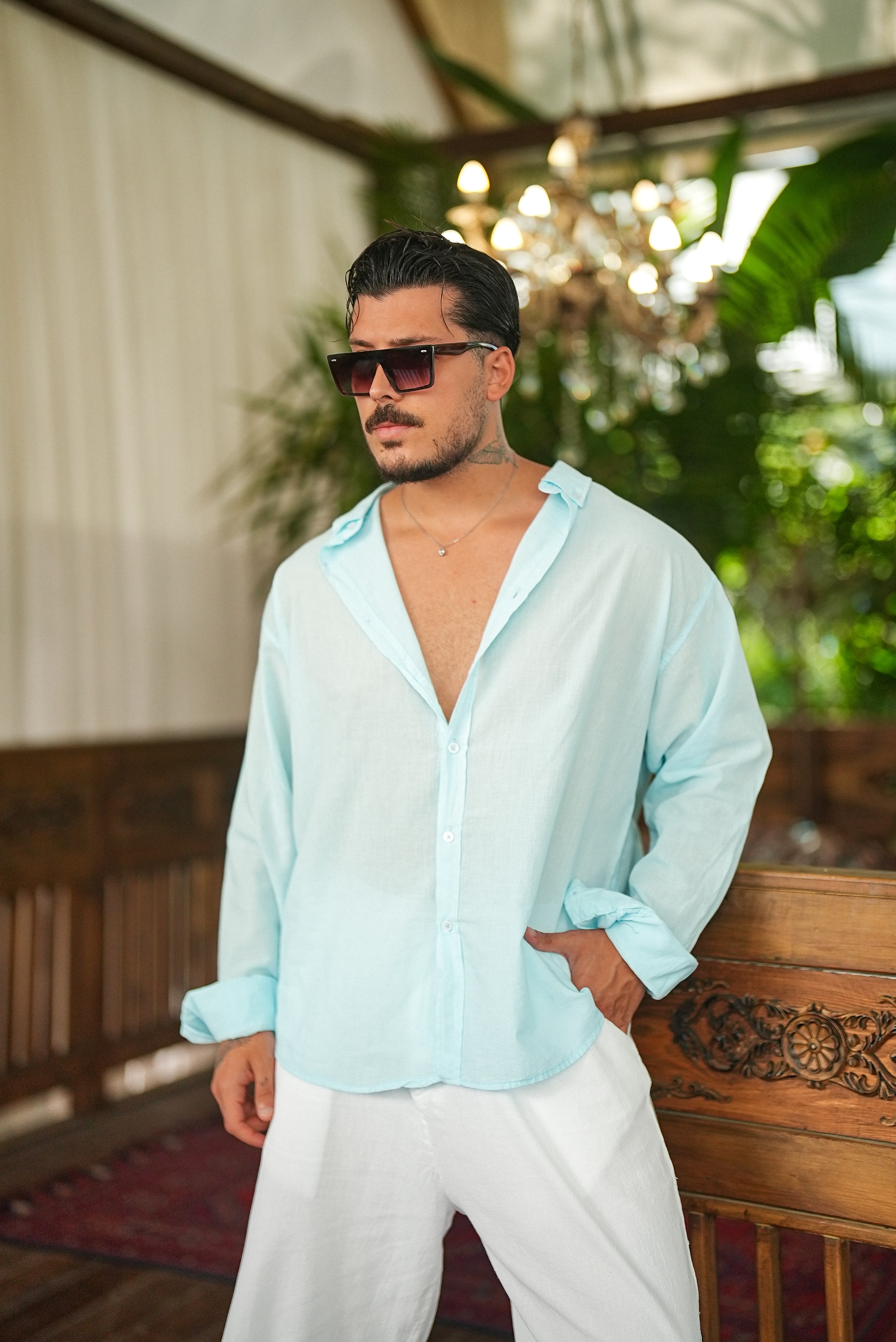 İnce Keten Oversize Gömlek Bebe Mavisi