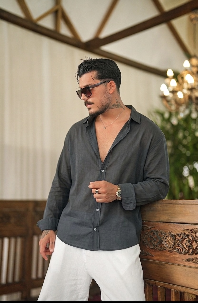 İnce Keten Oversize Gömlek Siyah