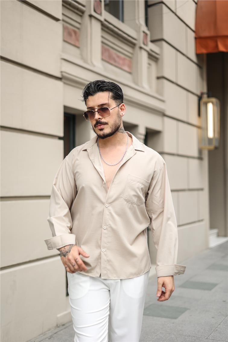 İnce Pamuklu Cepli Oversize Gömlek Bej